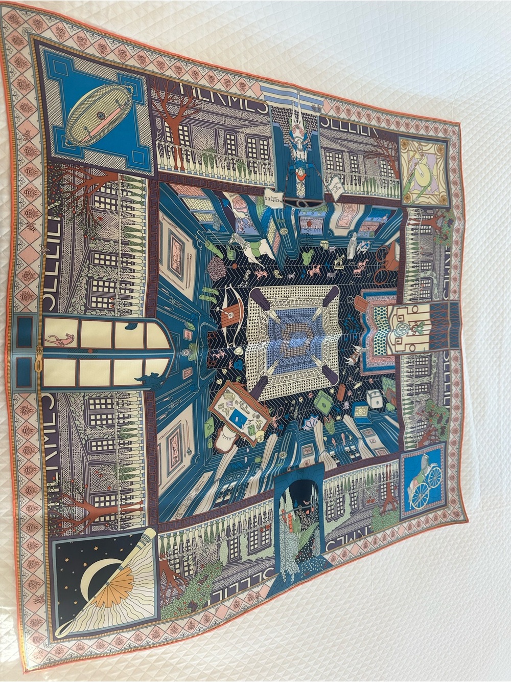 Hermes carre 90 silk scarf objects de curiosite new in box blue and orange motif - Picture 1 of 14